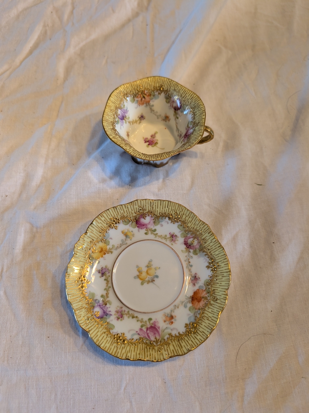2/60$ Vintage Floral Porcelain Tea Cup and Saucer with Gold Trim